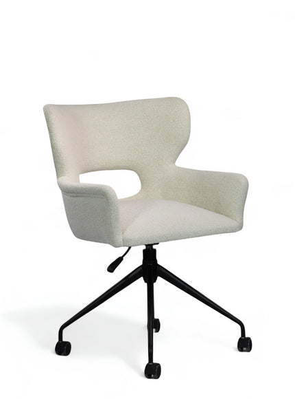 Front angled view of the Vaya Home Crespo swivel office chair featuring white upholstery, curved armrests, and a black caster base.