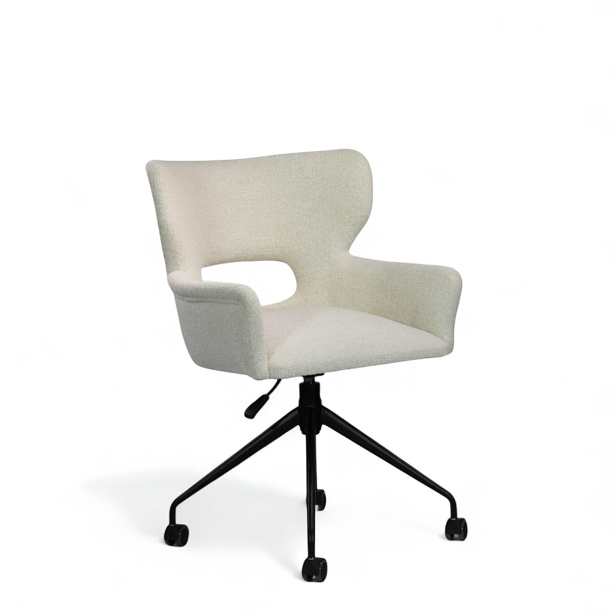 Front angled view of the Vaya Home Crespo swivel office chair featuring white upholstery, curved armrests, and a black caster base.