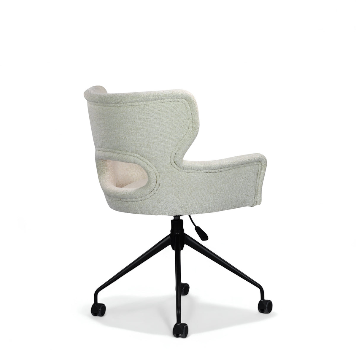 Side angled view of the Vaya Home Crespo swivel office chair with white upholstery, sculpted cutout backrest, and black rolling base.