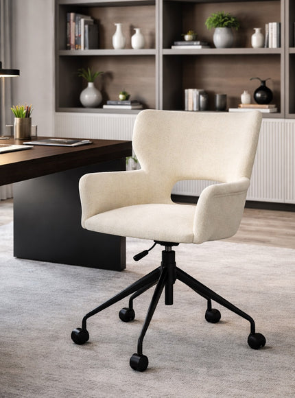 Vaya Home Crespo swivel office chair in white upholstery, styled in a modern home office with a black caster base.