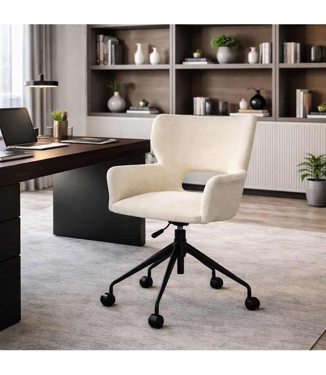 Vaya Home Crespo swivel office chair in white upholstery, styled in a modern home office with a black caster base.