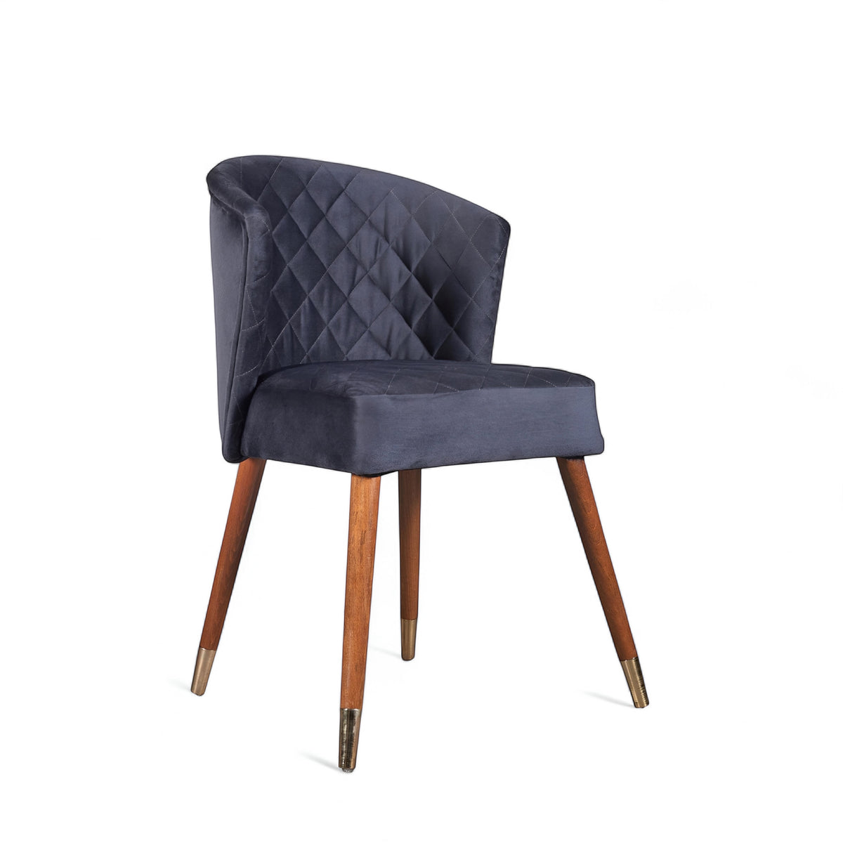 Front angled view of the Vaya Home Diamante dining chair with dark blue upholstery, diamond-quilted back detail, and tapered wood legs.