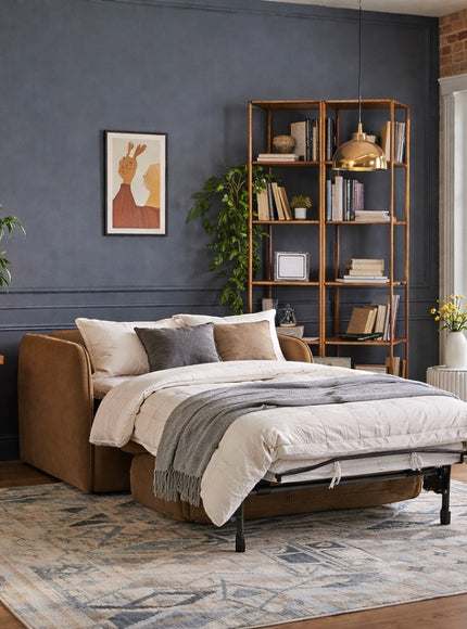 Vaya Home Eira chair bed in beige upholstery, styled in a modern room with the pull-out bed extended.