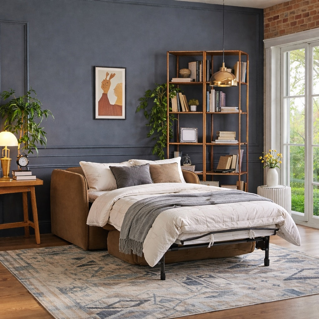 Vaya Home Eira chair bed in beige upholstery, styled in a modern room with the pull-out bed extended.
