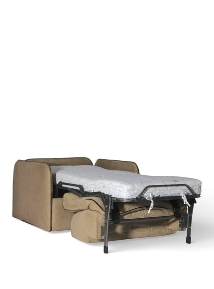 Vaya Home Eira beige upholstered chair bed opened into a sleeper with pull-out mattress and metal support legs.