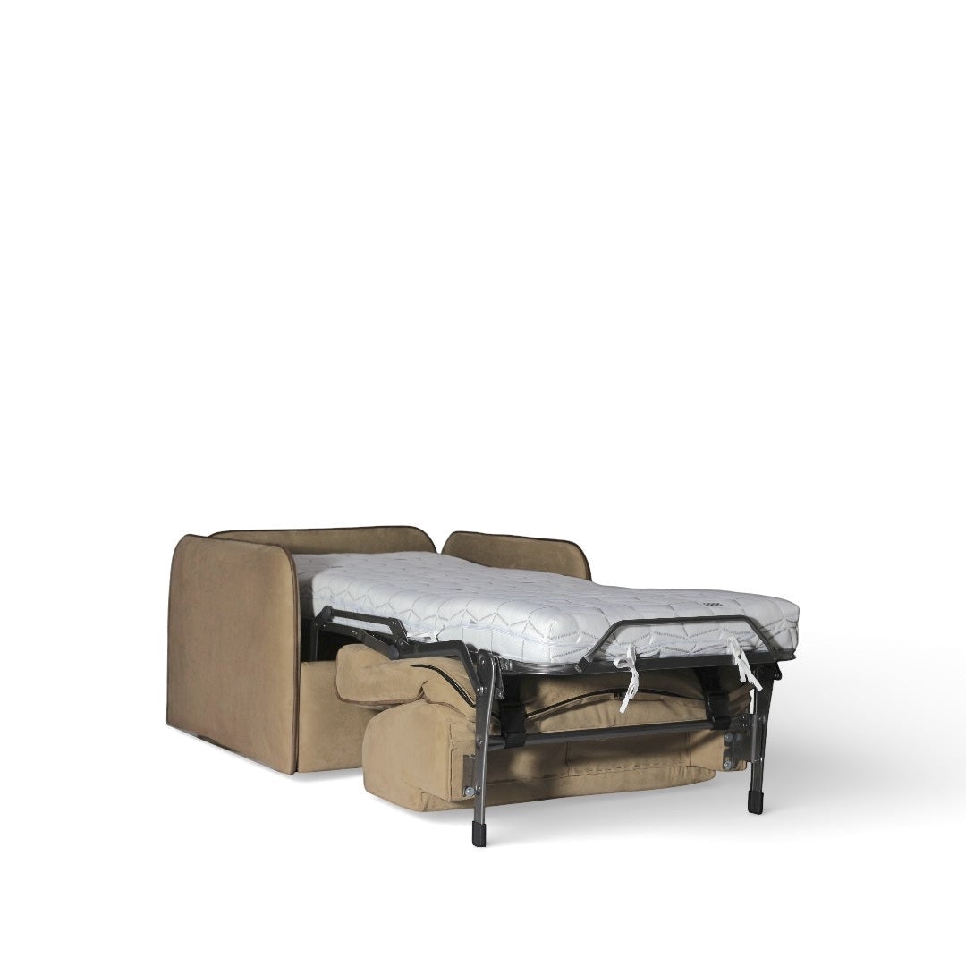 Vaya Home Eira beige upholstered chair bed opened into a sleeper with pull-out mattress and metal support legs.