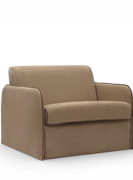 Angled view of the Vaya Home Eira sleeper chair with beige upholstery, wide arms, and a compact modern silhouette.