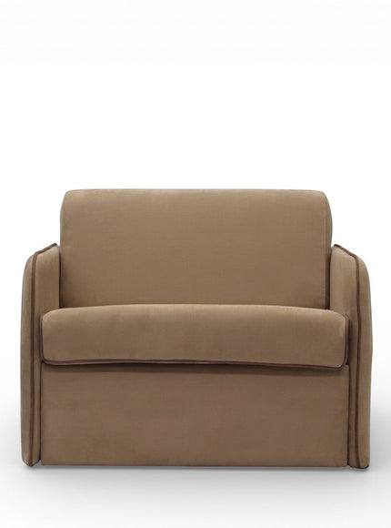 Front view of the Vaya Home Eira sleeper chair featuring beige upholstery, box arms, and a cushioned seat.