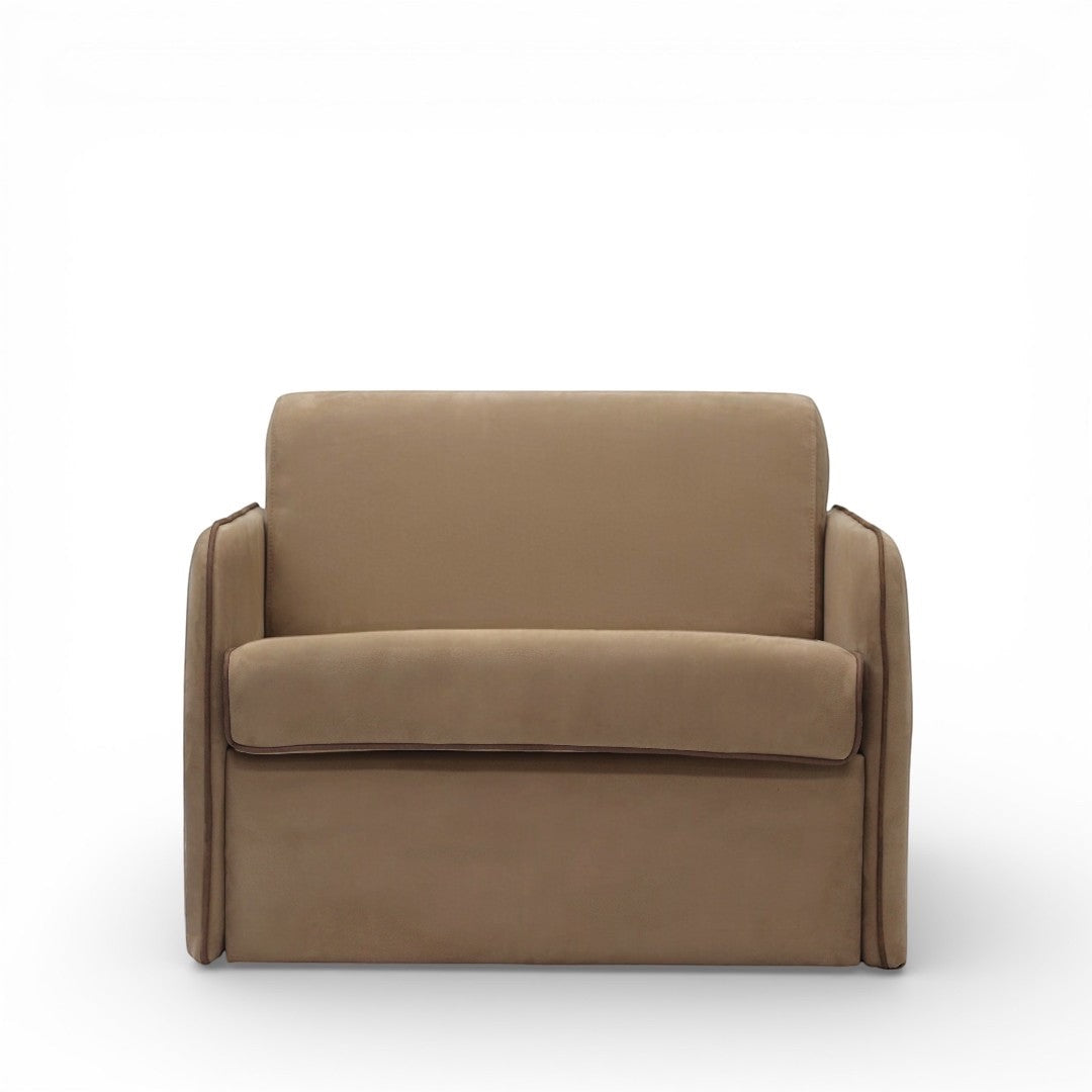 Front view of the Vaya Home Eira sleeper chair featuring beige upholstery, box arms, and a cushioned seat.