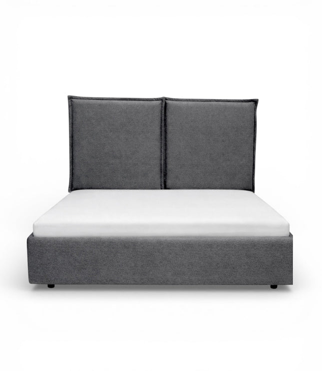 Front view of the Vaya Home Elmon upholstered bed with a grey fabric base and paneled headboard.