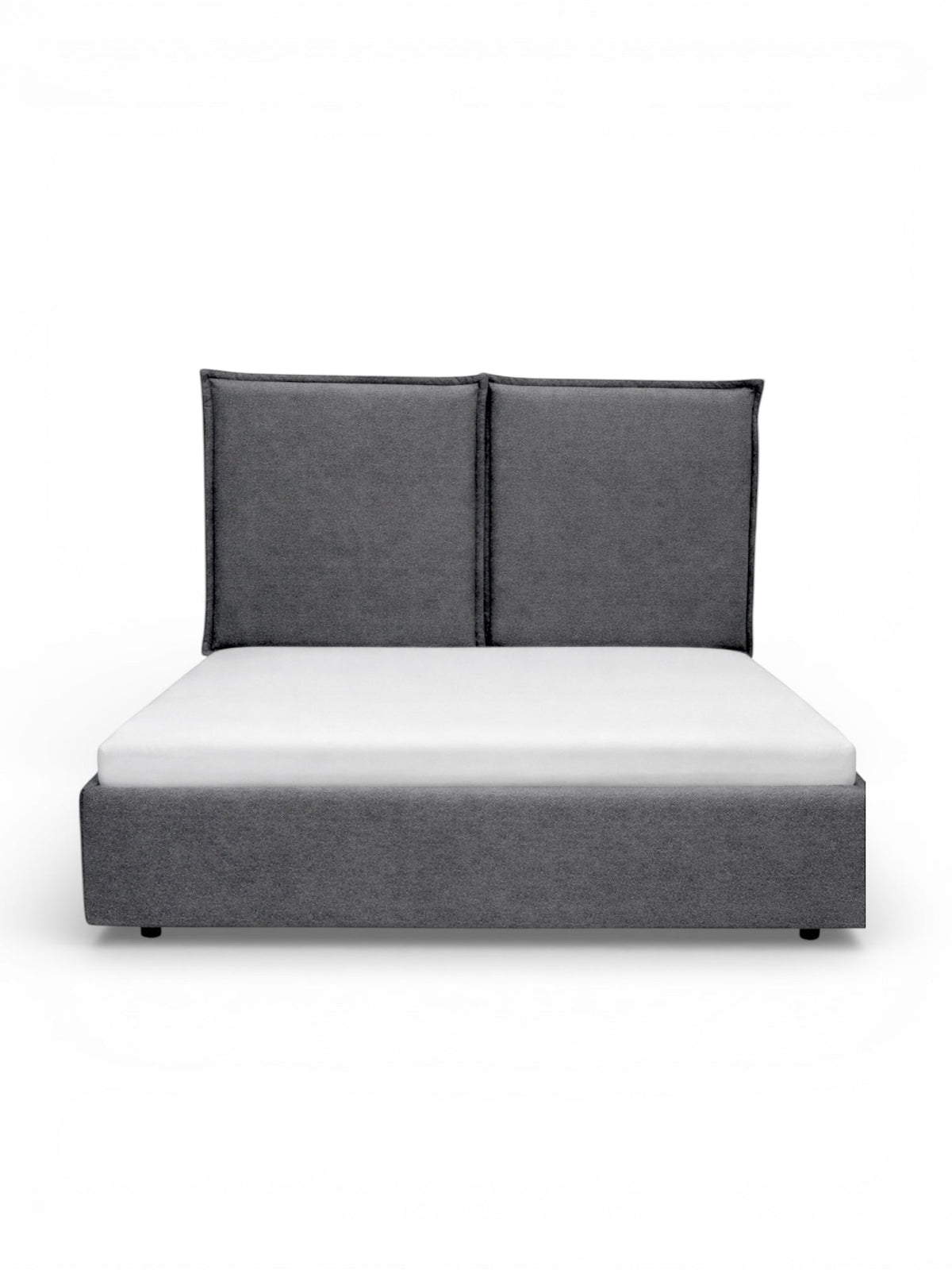 Front view of the Vaya Home Elmon upholstered bed with a grey fabric base and paneled headboard.
