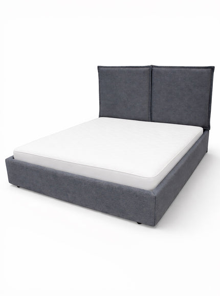 Angled front view of the Vaya Home Elmon upholstered bed featuring grey fabric upholstery and a paneled headboard.