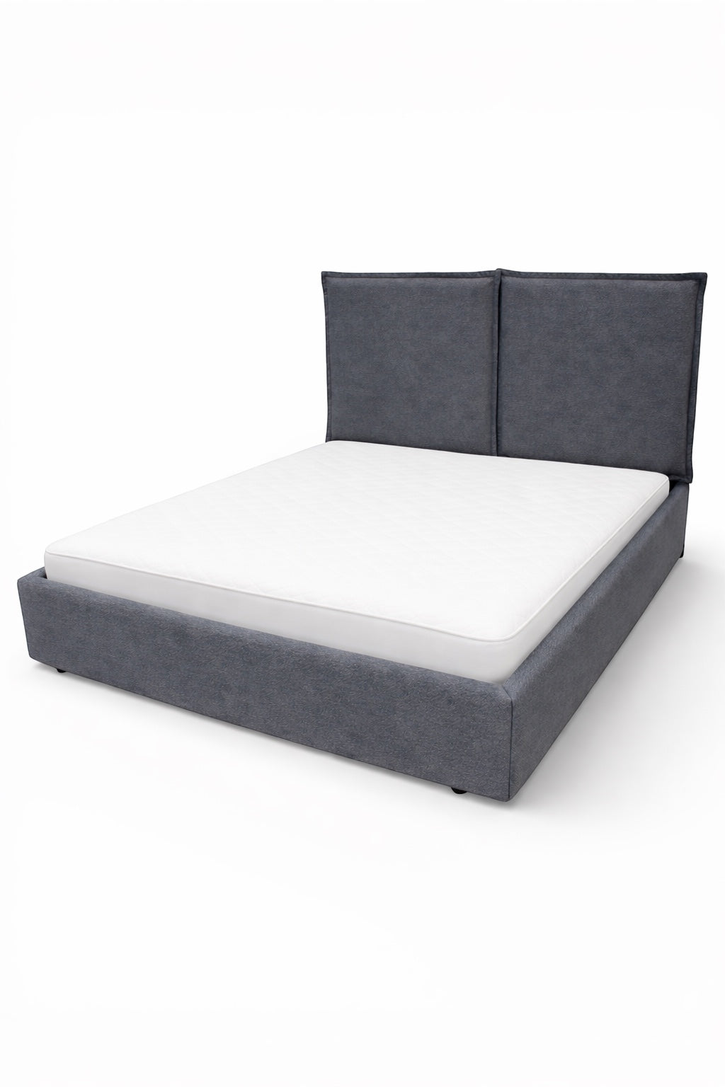 Angled front view of the Vaya Home Elmon upholstered bed featuring grey fabric upholstery and a paneled headboard.