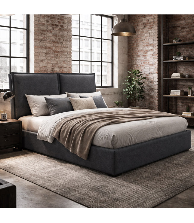 Vaya Home Elmon upholstered bed in grey fabric with a paneled headboard, styled in a modern bedroom.