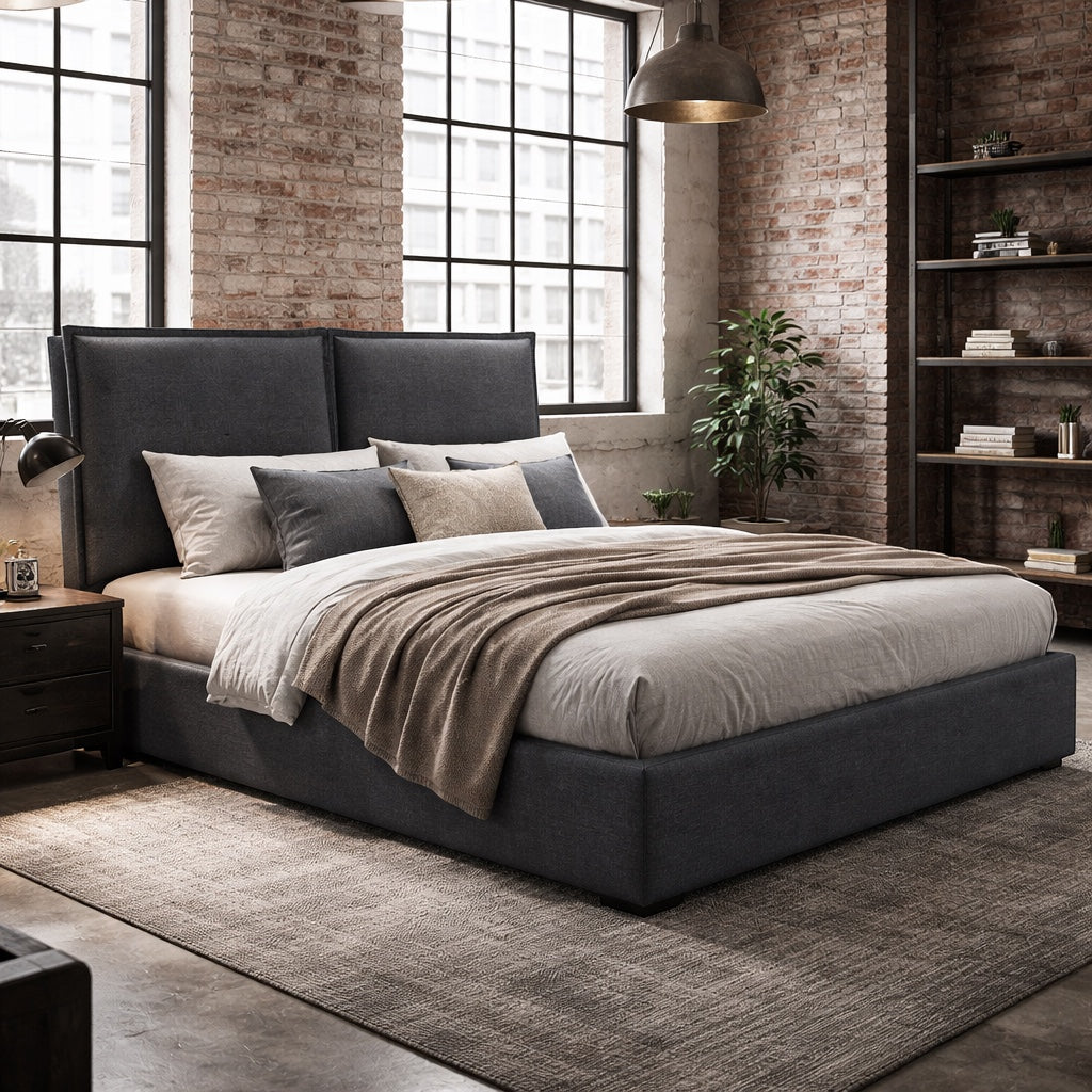 Vaya Home Elmon upholstered bed in grey fabric with a paneled headboard, styled in a modern bedroom.