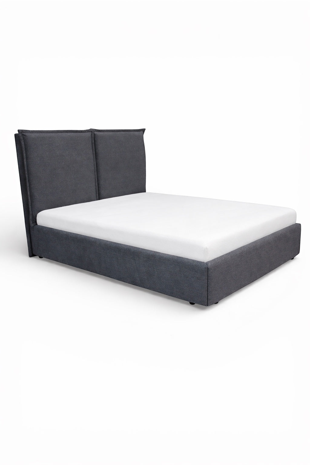 Side angled view of the Vaya Home Elmon upholstered bed with grey fabric upholstery and a two-panel headboard.