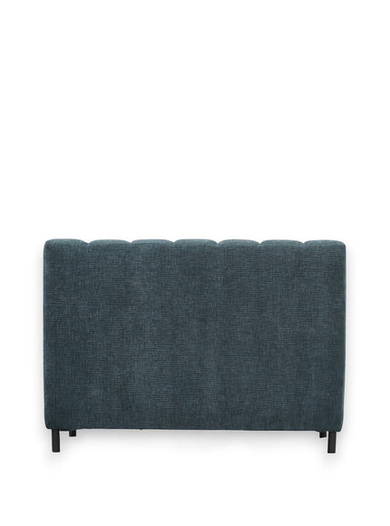 Back view of the Vaya Home Elteo bench sofa in blue upholstery with a clean-lined back and slim black legs.