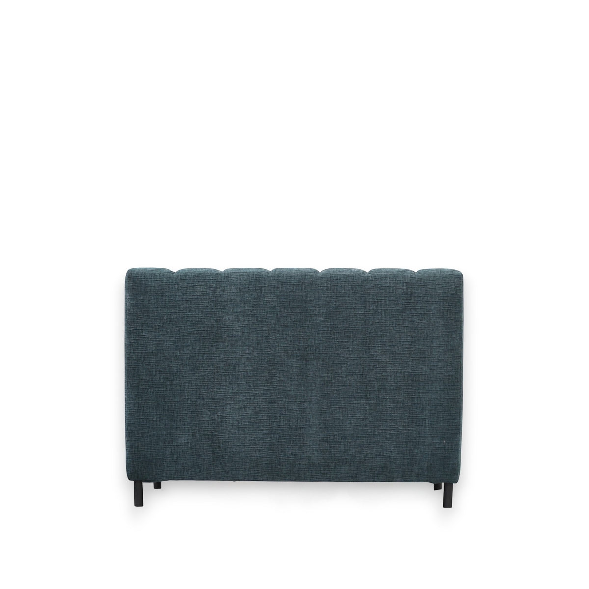 Back view of the Vaya Home Elteo bench sofa in blue upholstery with a clean-lined back and slim black legs.