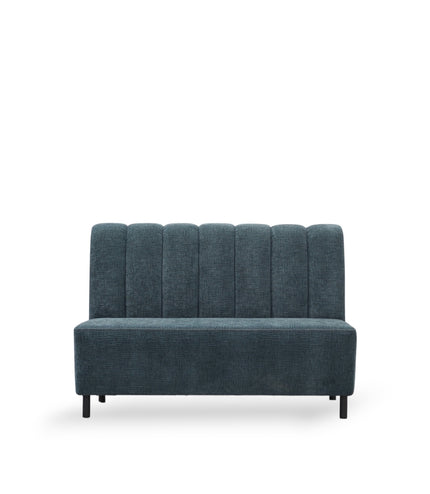 Front view of the Vaya Home Elteo bench sofa in blue upholstery with a channel-tufted back and slim black legs.