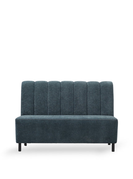 Front view of the Vaya Home Elteo bench sofa in blue upholstery with a channel-tufted back and slim black legs.
