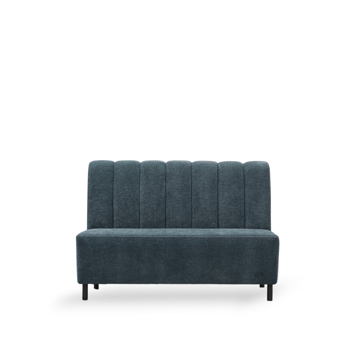 Front view of the Vaya Home Elteo bench sofa in blue upholstery with a channel-tufted back and slim black legs.