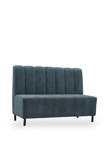 Angled view of the Vaya Home Elteo bench sofa in blue upholstery with a channel-tufted backrest and slim black legs.