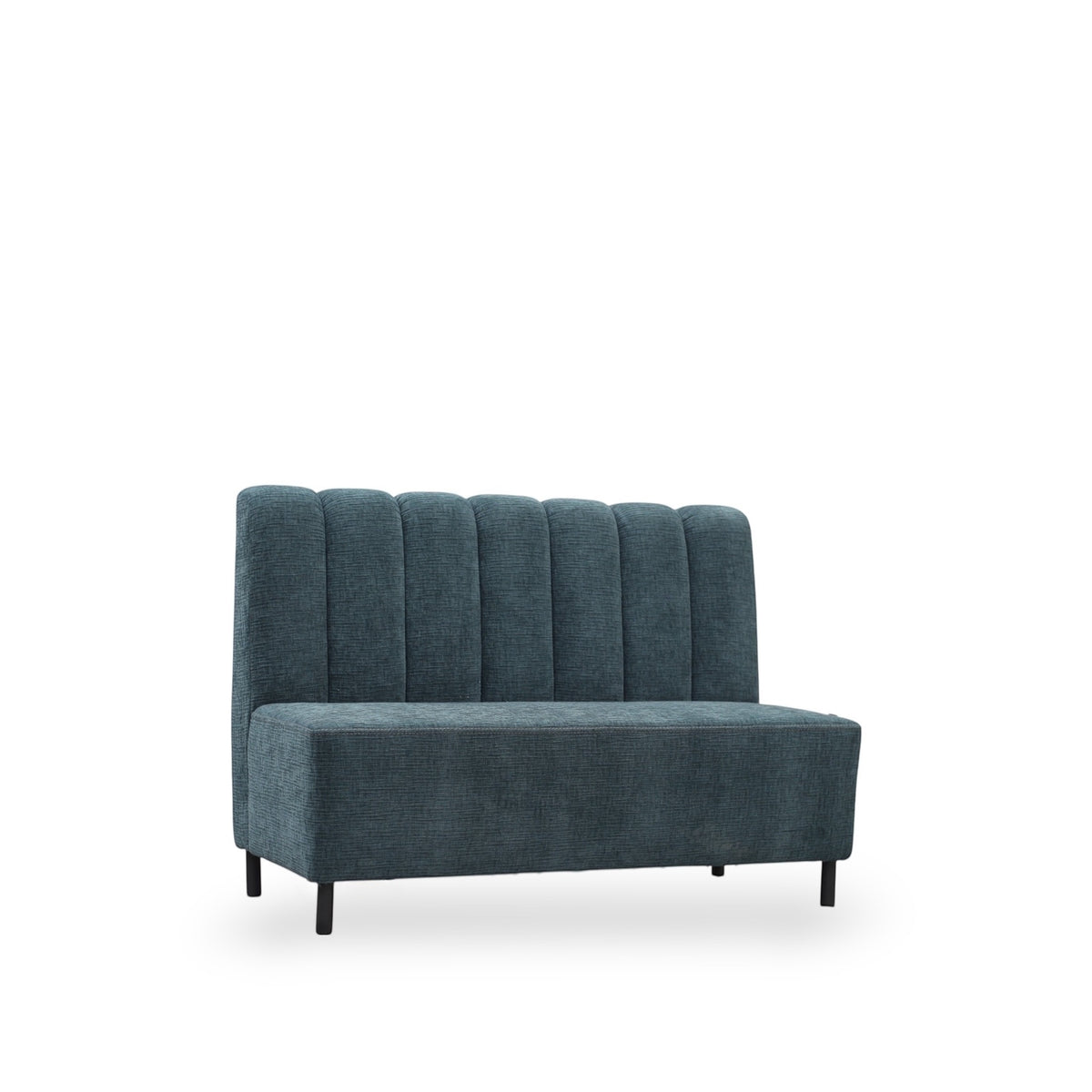 Angled view of the Vaya Home Elteo bench sofa in blue upholstery with a channel-tufted backrest and slim black legs.