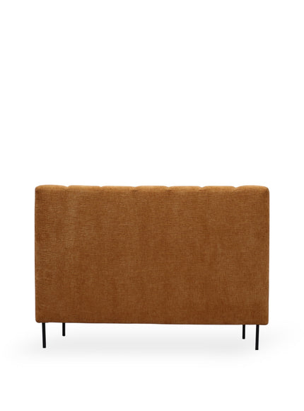 Back view of the Vaya Home Elteo bench sofa in orange upholstery with a clean-lined back and slim black legs.