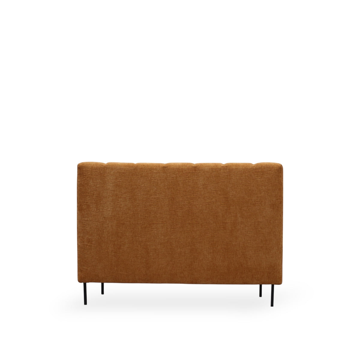 Back view of the Vaya Home Elteo bench sofa in orange upholstery with a clean-lined back and slim black legs.
