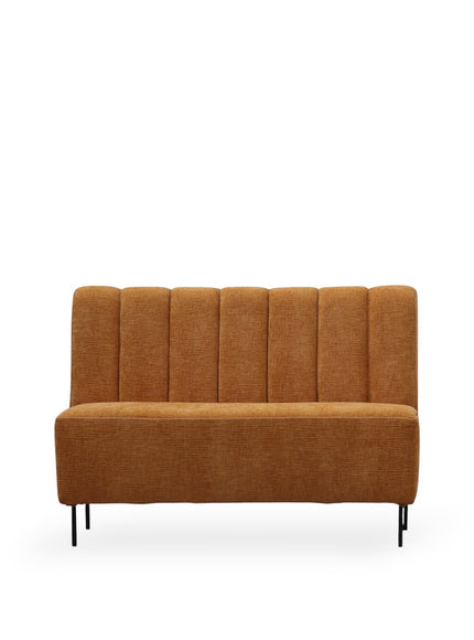 Front view of the Vaya Home Elteo bench sofa in orange upholstery with a channel-tufted back and slim black legs.