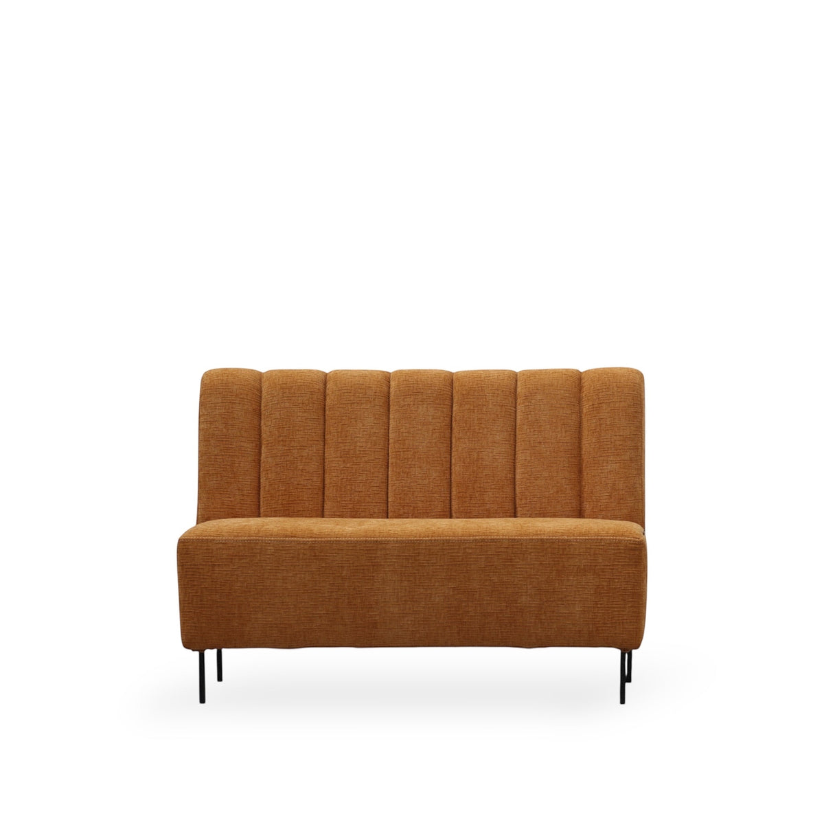 Front view of the Vaya Home Elteo bench sofa in orange upholstery with a channel-tufted back and slim black legs.