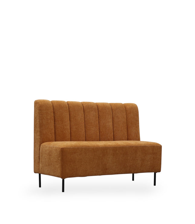 Angled view of the Vaya Home Elteo bench sofa in orange upholstery with a channel-tufted backrest and slim black legs.
