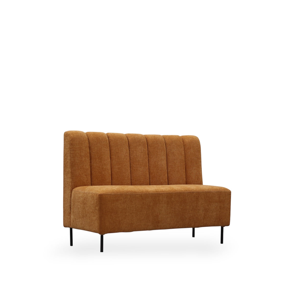 Angled view of the Vaya Home Elteo bench sofa in orange upholstery with a channel-tufted backrest and slim black legs.