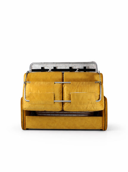 Back view of the Vaya Home Fiorella sofa bed showing the fold-out sleeper mechanism and mustard velvet upholstery.