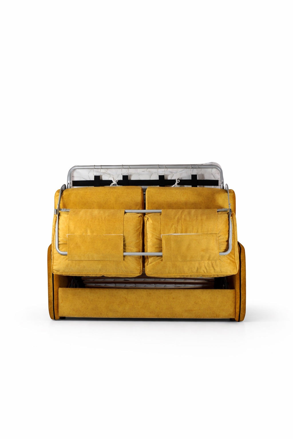 Back view of the Vaya Home Fiorella sofa bed showing the fold-out sleeper mechanism and mustard velvet upholstery.