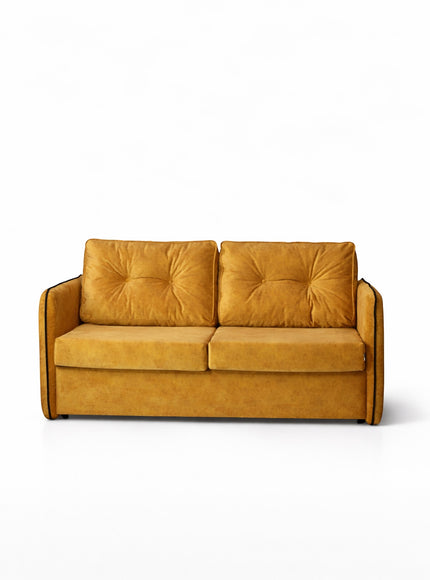 Front view of the Vaya Home Fiorella sofa bed with mustard velvet upholstery, tufted back cushions, and slim arms.