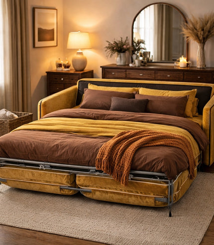 Vaya Home Fiorella sofa bed in mustard velvet upholstery, styled as a bed in a warm modern bedroom.
