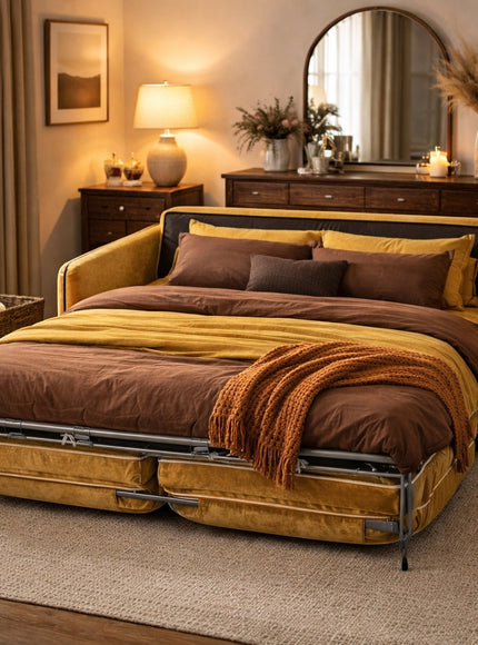 Vaya Home Fiorella sofa bed in mustard velvet upholstery, styled as a bed in a warm modern bedroom.
