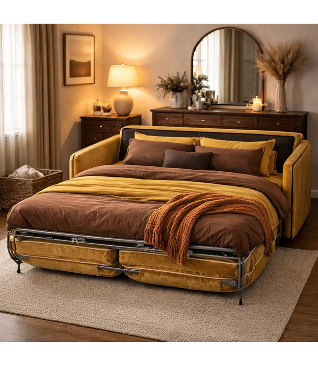 Vaya Home Fiorella sofa bed in mustard velvet upholstery, styled as a bed in a warm modern bedroom.