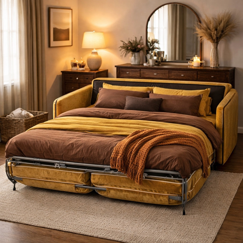 Vaya Home Fiorella sofa bed in mustard velvet upholstery, styled as a bed in a warm modern bedroom.