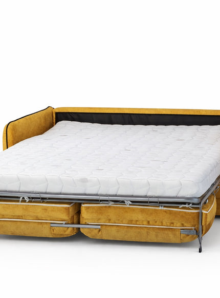 Vaya Home Fiorella mustard velvet sofa bed opened into a sleeper with exposed mattress.