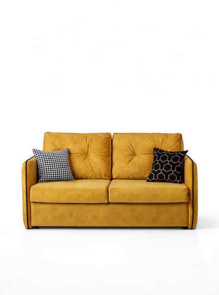 Front view of the Vaya Home Fiorella sofa in mustard velvet upholstery with tufted cushions and accent pillows.