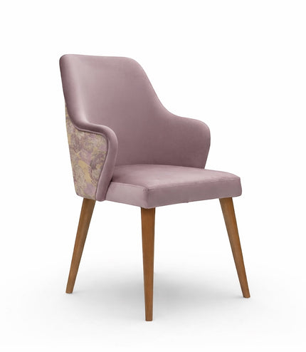 Vaya Home Flora dining chair with lilac upholstery, floral patterned back panel, and tapered wood legs.