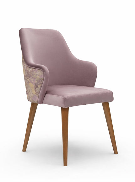 Vaya Home Flora dining chair with lilac upholstery, floral patterned back panel, and tapered wood legs.