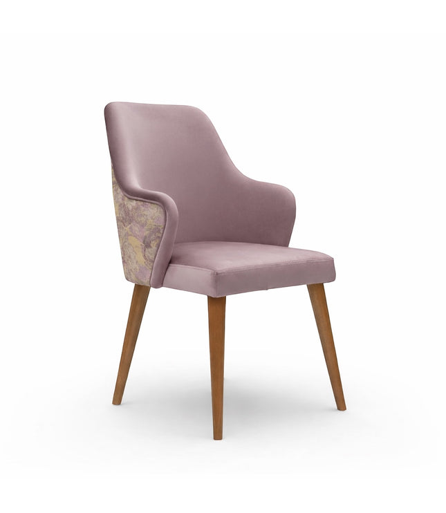 Vaya Home Flora dining chair with lilac upholstery, floral patterned back panel, and tapered wood legs.