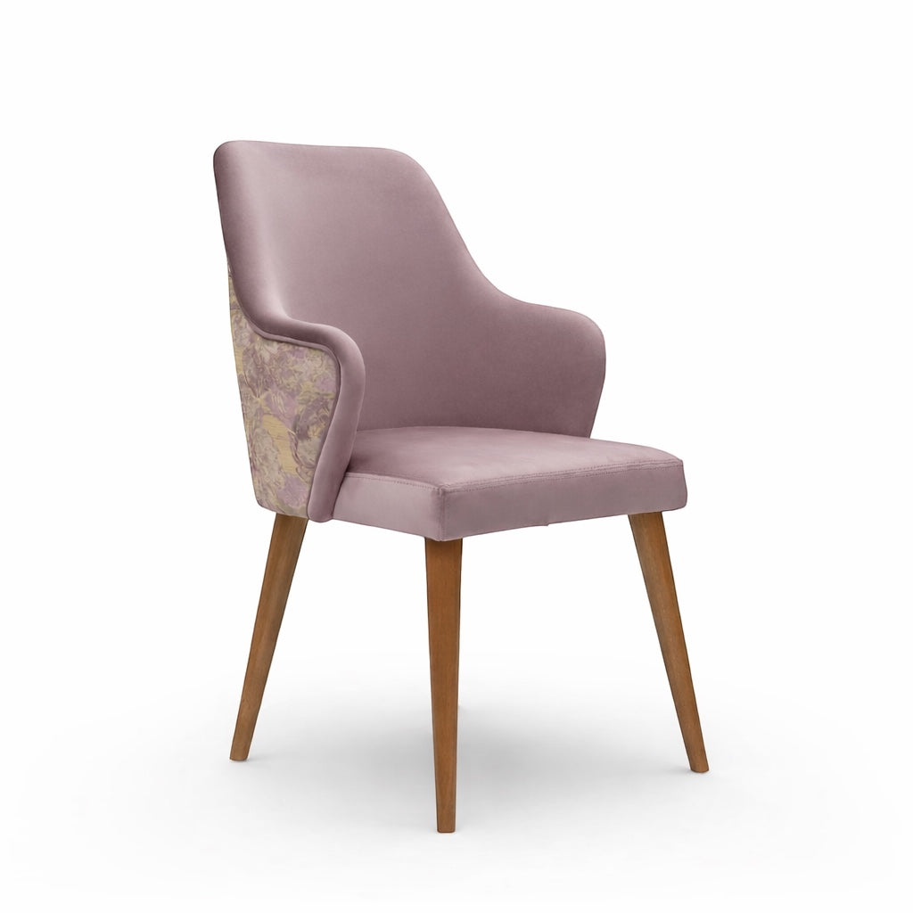 Vaya Home Flora dining chair with lilac upholstery, floral patterned back panel, and tapered wood legs.