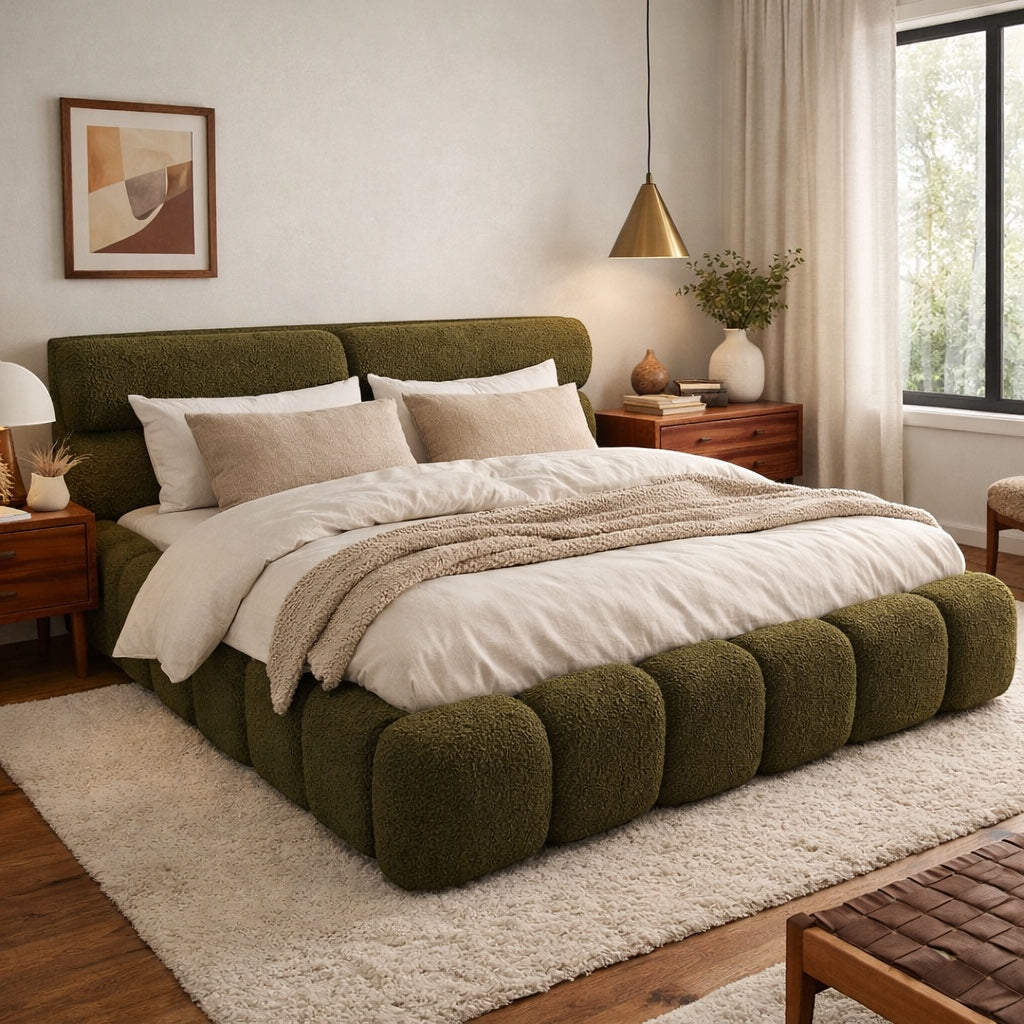 Vaya Home Forma bed in olive green upholstery, styled in a modern bedroom.