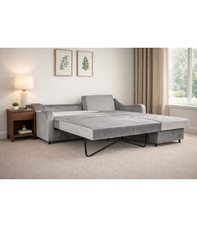 Vaya Home Grigio sectional sofa bed in gray upholstery, styled in a modern living room with chaise extension.