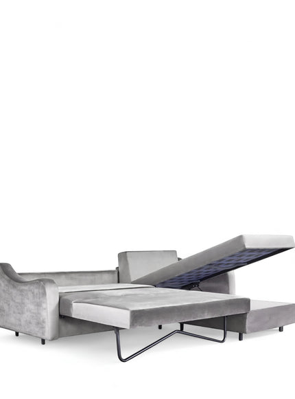 Vaya Home Grigio gray upholstered sectional opened into a sofa bed with pull-out sleeper mechanism.