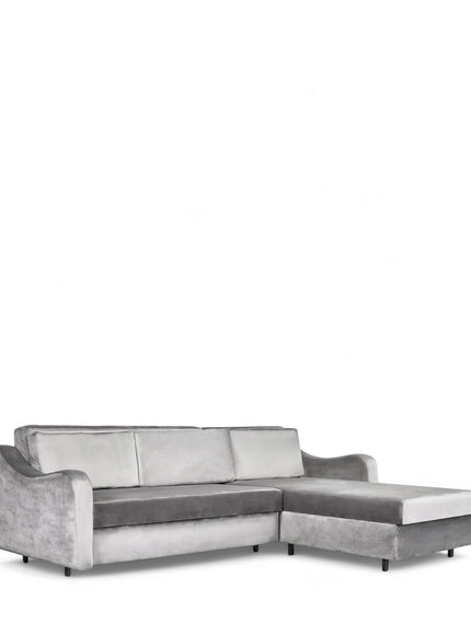 Vaya Home Grigio sectional sofa in gray upholstery with chaise extension and modern low-profile silhouette.